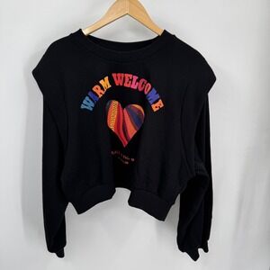Farm Rio Sweatshirt Womens L Black Warm Welcome Heart Cropped Graphic Fleece
